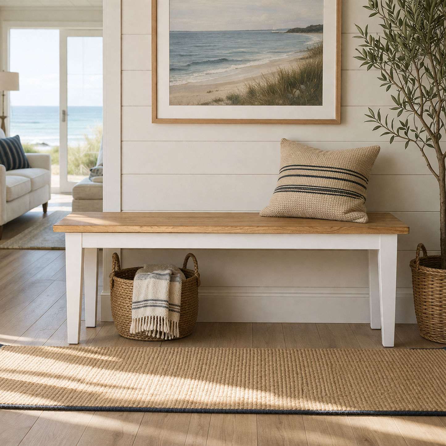 Tara Solid Oak Bench, natural top with white legs - Chocolate Wood