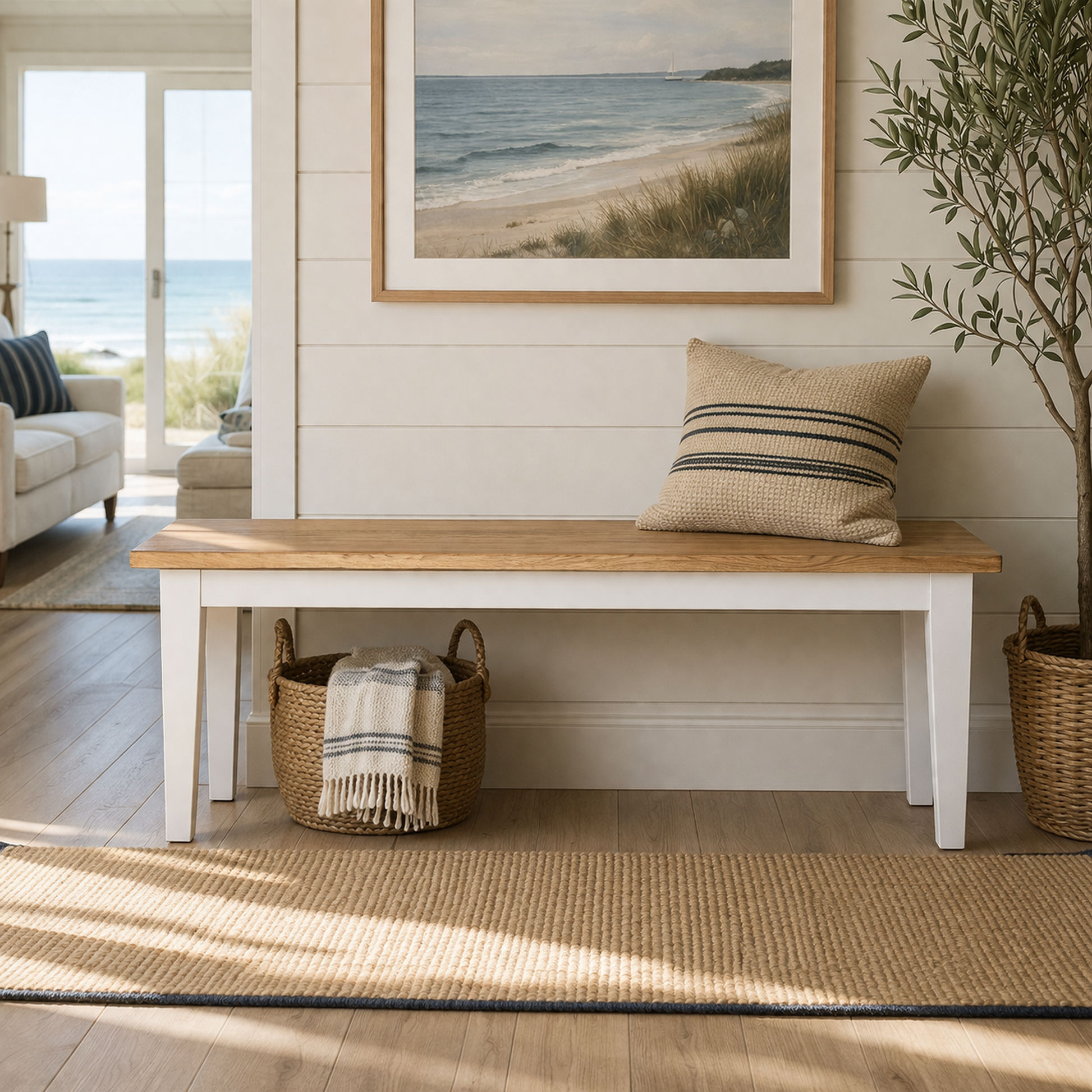 Tara Solid Oak Bench, natural top with white legs - Chocolate Wood