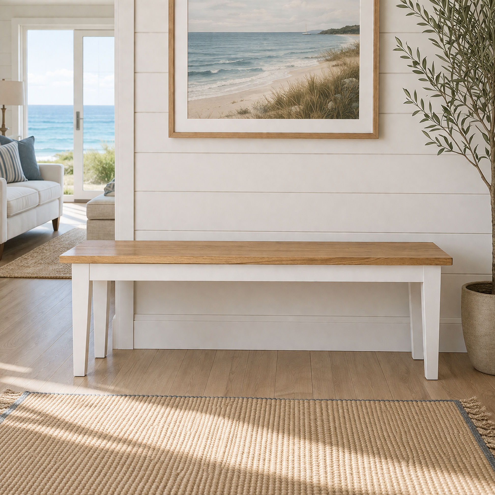 Tara Solid Oak Bench, natural top with white legs - Chocolate Wood