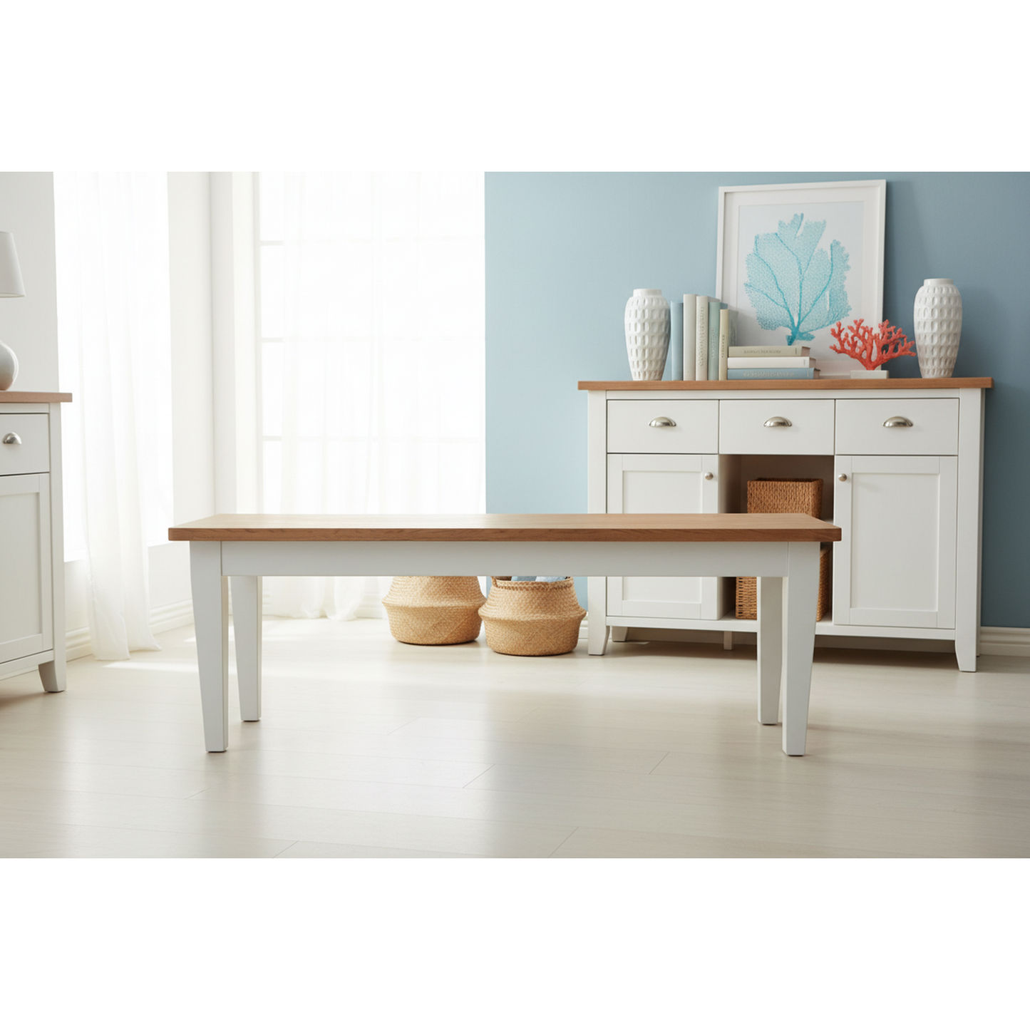 Tara Solid Oak Bench, natural top with white legs - Chocolate Wood