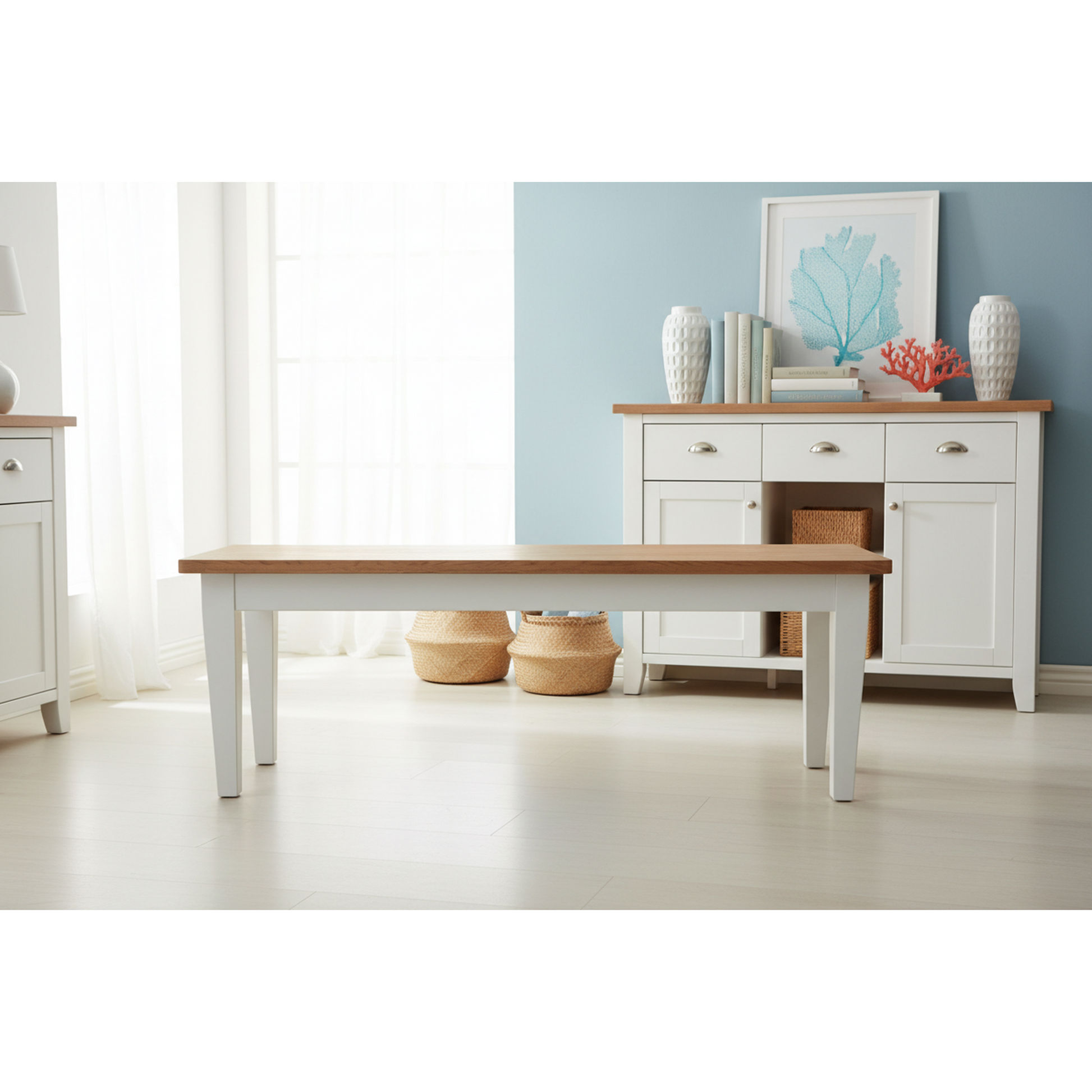 Tara Solid Oak Bench, natural top with white legs - Chocolate Wood