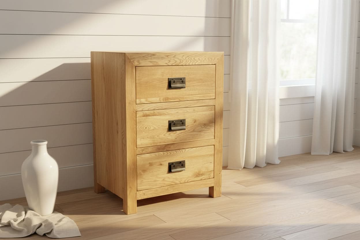 TARA SOLID OAK 3 DRAWERS BEDSIDE TABLE - MyChocolateWood