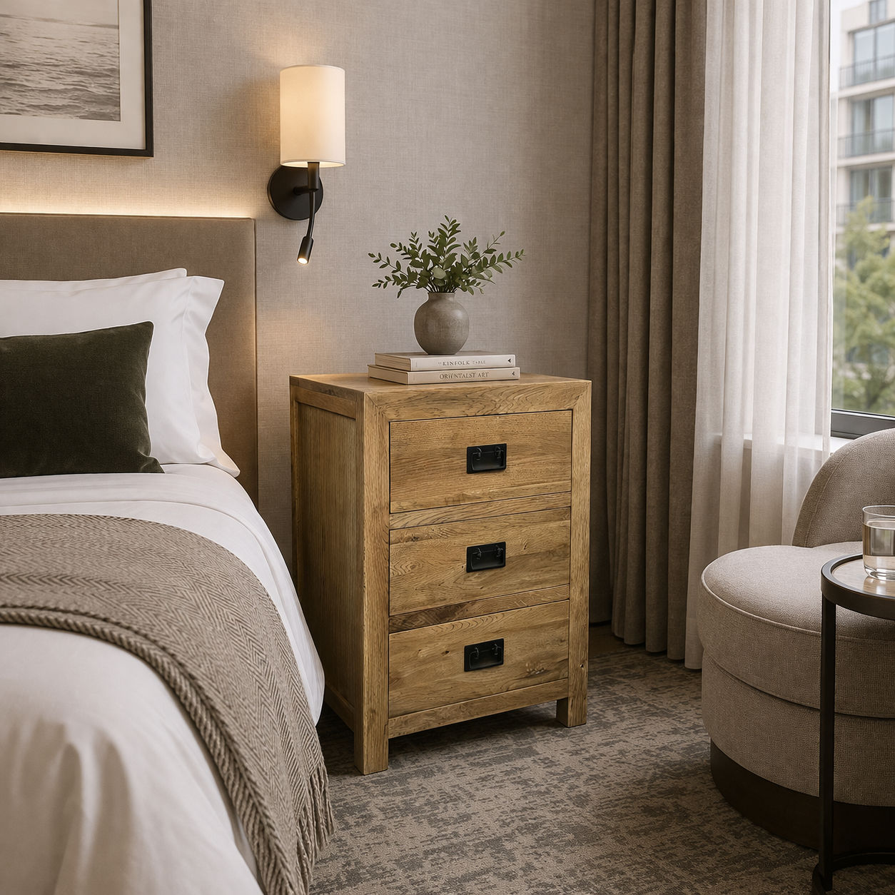 TARA SOLID OAK 3 DRAWERS BEDSIDE TABLE - MyChocolateWood
