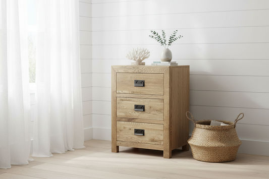 MyChocolateWood TARA solid oak 3-drawer bedside table with a front view, showcasing its natural wood finish and modern design.