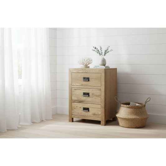 MyChocolateWood TARA solid oak 3-drawer bedside table with a front view, showcasing its natural wood finish and modern design.
