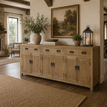 TARA SOLID OAK BUFFET SIDEBOARD 3 DRAWERS 6 DOORS NATURAL 210 CM
