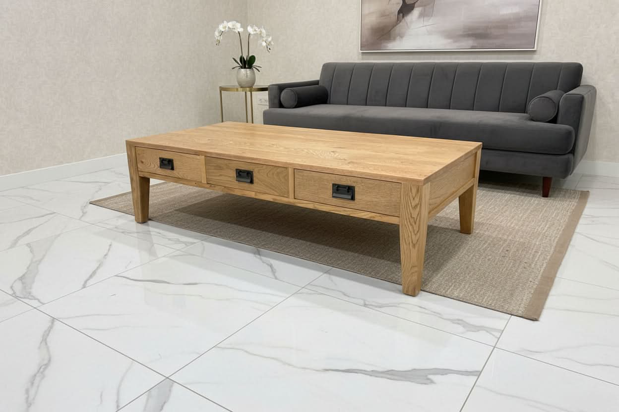 TARA SOLID OAK 3 DRAWER 3-WAY COFFEE TABLE, 150CM, NATURAL OAK - MyChocolateWood