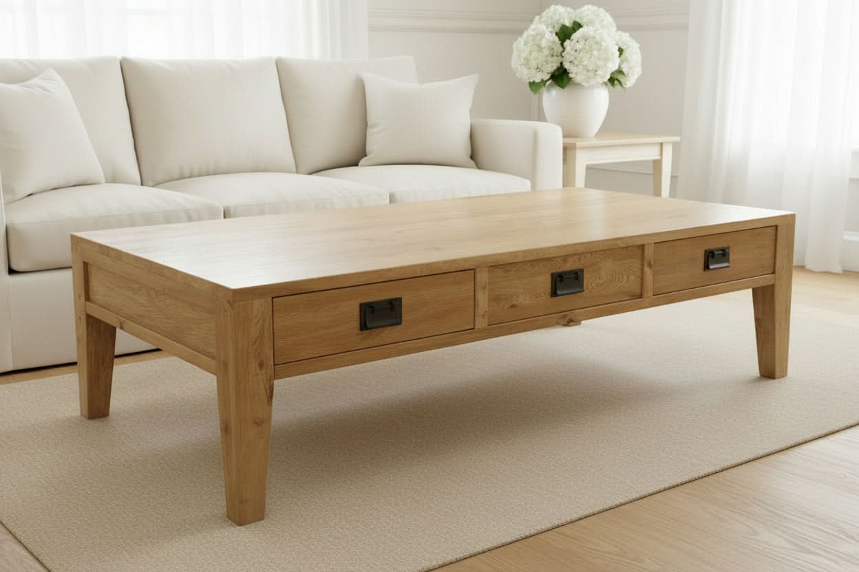 TARA SOLID OAK 3 DRAWER 3-WAY COFFEE TABLE, 150CM, NATURAL OAK - MyChocolateWood