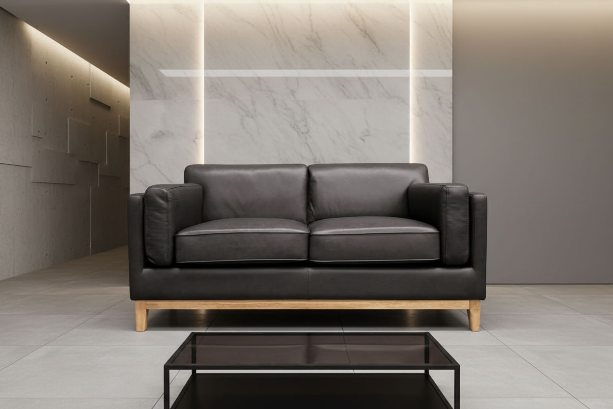 Marquis 2-Seater Oslo Leather Sofa in Black - Chocolate Wood