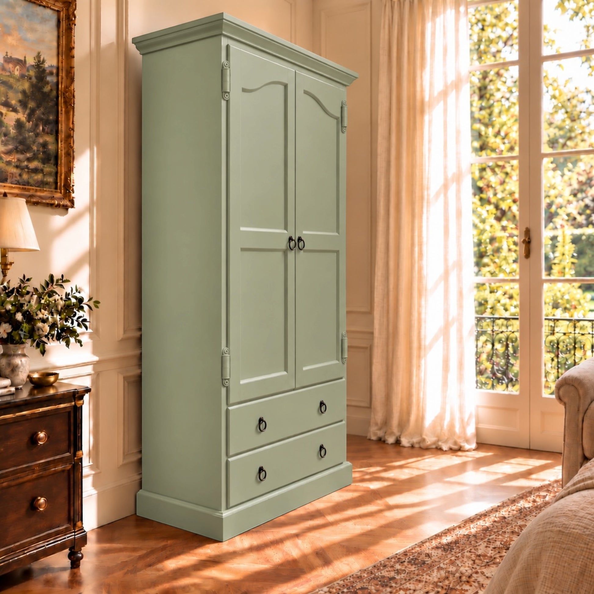 Cambridge Wardrobe / Armoire in Green Spruce - Chocolate Wood