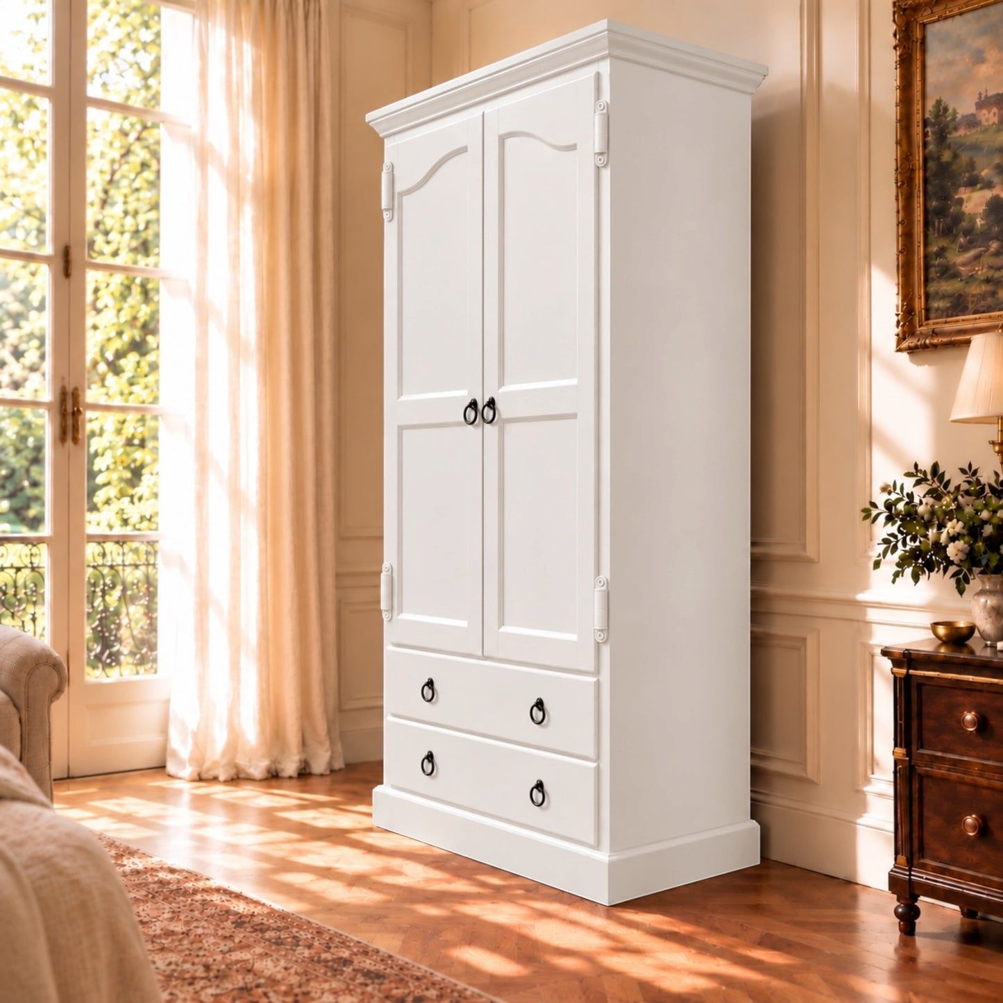 Cambridge Wardrobe / Armoire in White - Chocolate Wood