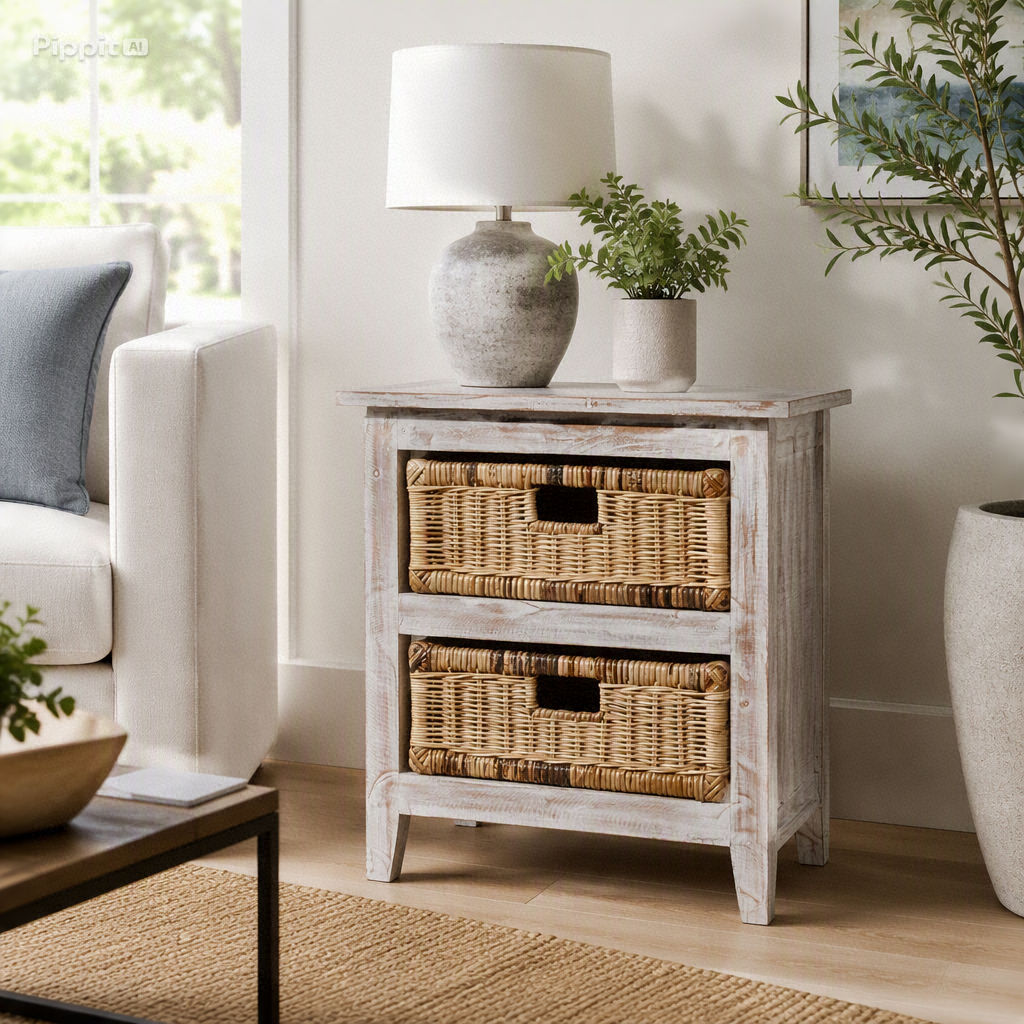 Cove Mahogany Whitewash 2-Drawer Bedside Table/Chest of Drawers with 2 Rattan Baskets