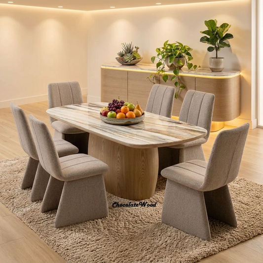 Montilla Ash Veneer Base/ Marble Look Ceramic Table Top Dining Table 220cm - MyChocolateWood