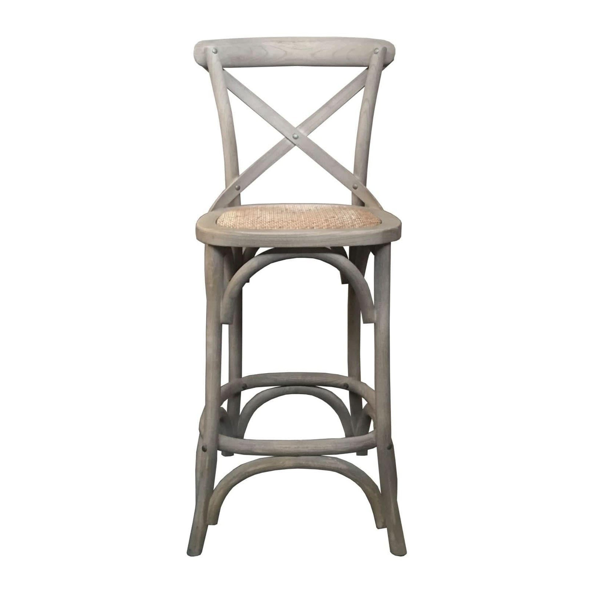Emerson Cross Back Bar Stool with Rattan Seat in Grey - Chocolate Wood