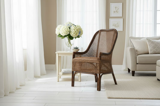 Malibu Hamptons rattan dining chair in mango teak with woven seat and curved armrests, stylish outdoor furniture by MyChocolateWood