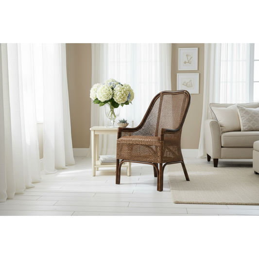 Malibu Hamptons rattan dining chair in mango teak with woven seat and curved armrests, stylish outdoor furniture by MyChocolateWood
