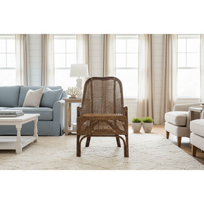 Malibu Hamptons rattan dining chair in mango teak by MyChocolateWood, featuring woven rattan seat and backrest with a sturdy frame