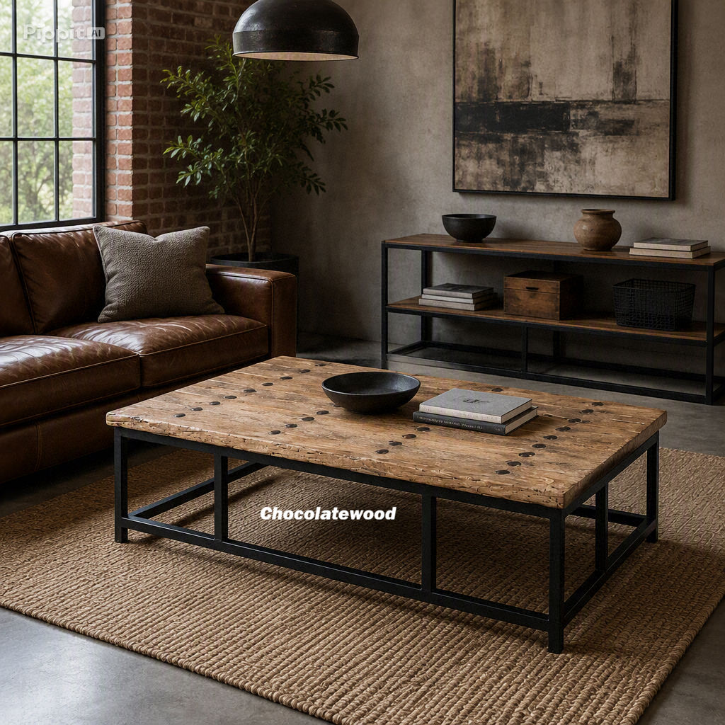 Medford Recycled Elm Wood Coffee Table/Iron Frame - Natural/Black - Industrial Style