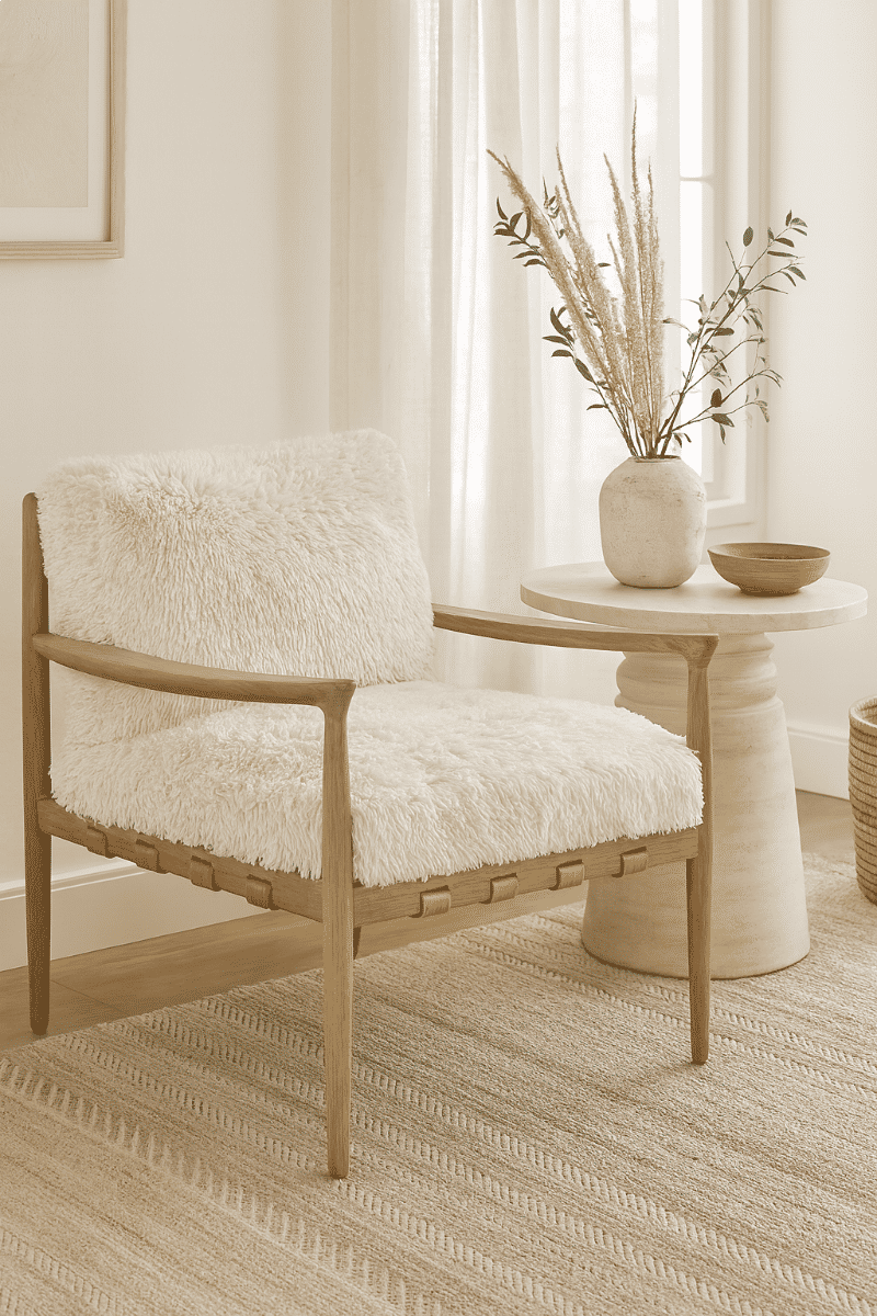 ALABAMA FAUX SHEEP SKIN/ASHWOOD ARMCHAIR /LOUNGE CHAIR IN WHITE - MyChocolateWood