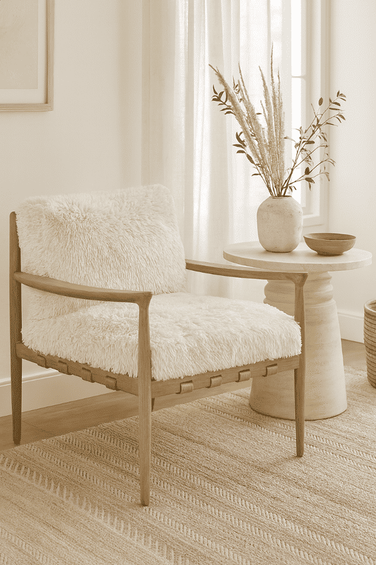 ALABAMA FAUX SHEEP SKIN/ASHWOOD ARMCHAIR /LOUNGE CHAIR IN WHITE - MyChocolateWood