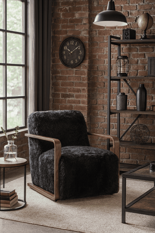 LOUISE FAUX SHEEPSKIN/ASH WOOD ARMCHAIR/LOUNGE CHAIR IN ONYX - MyChocolateWood