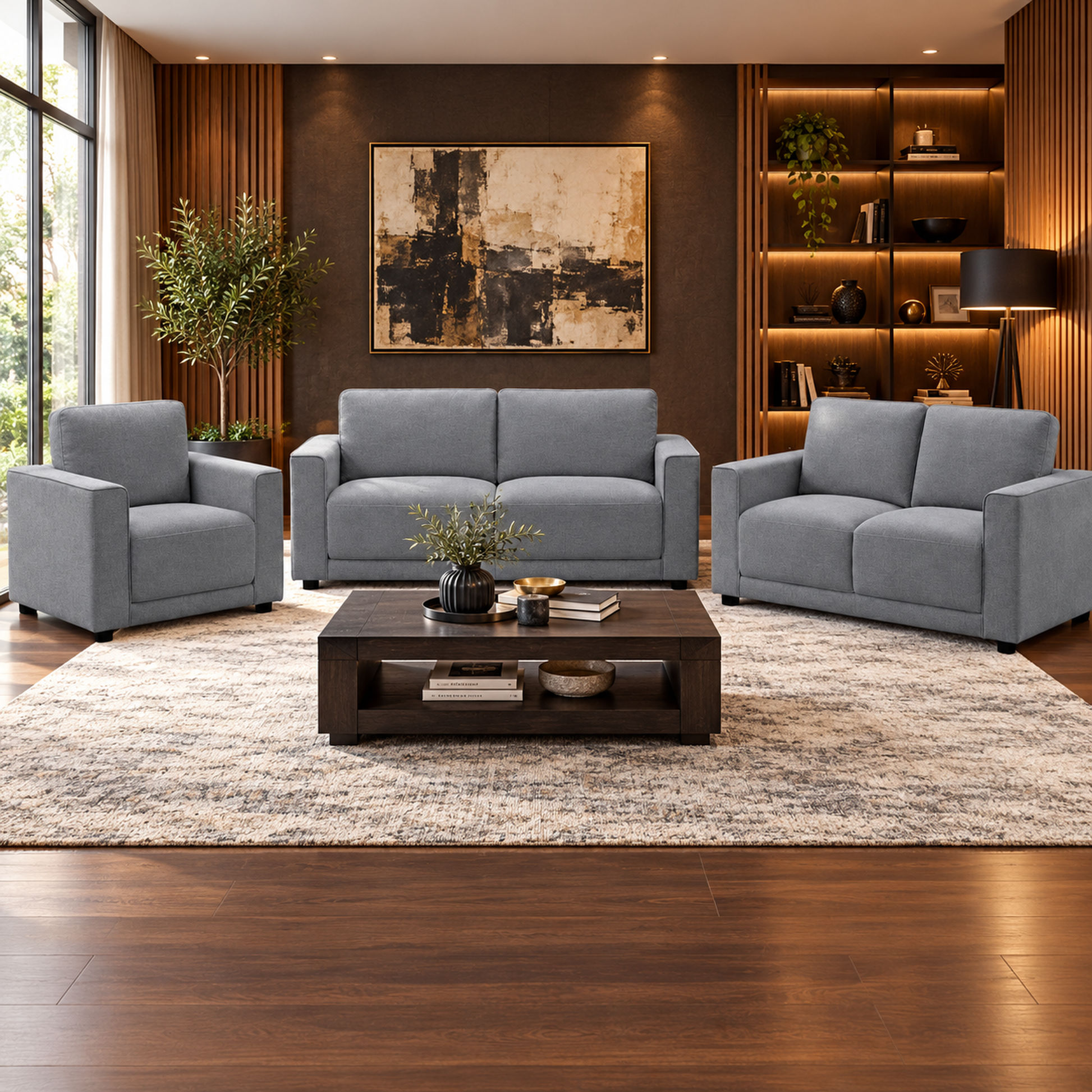 Yanni Fabric 3 Piece Lounge Suite:1 x 3-Seater Sofa, 1 x 2-Seater Sofa  + 1 x Armchair - Steel Colour - Chocolate Wood