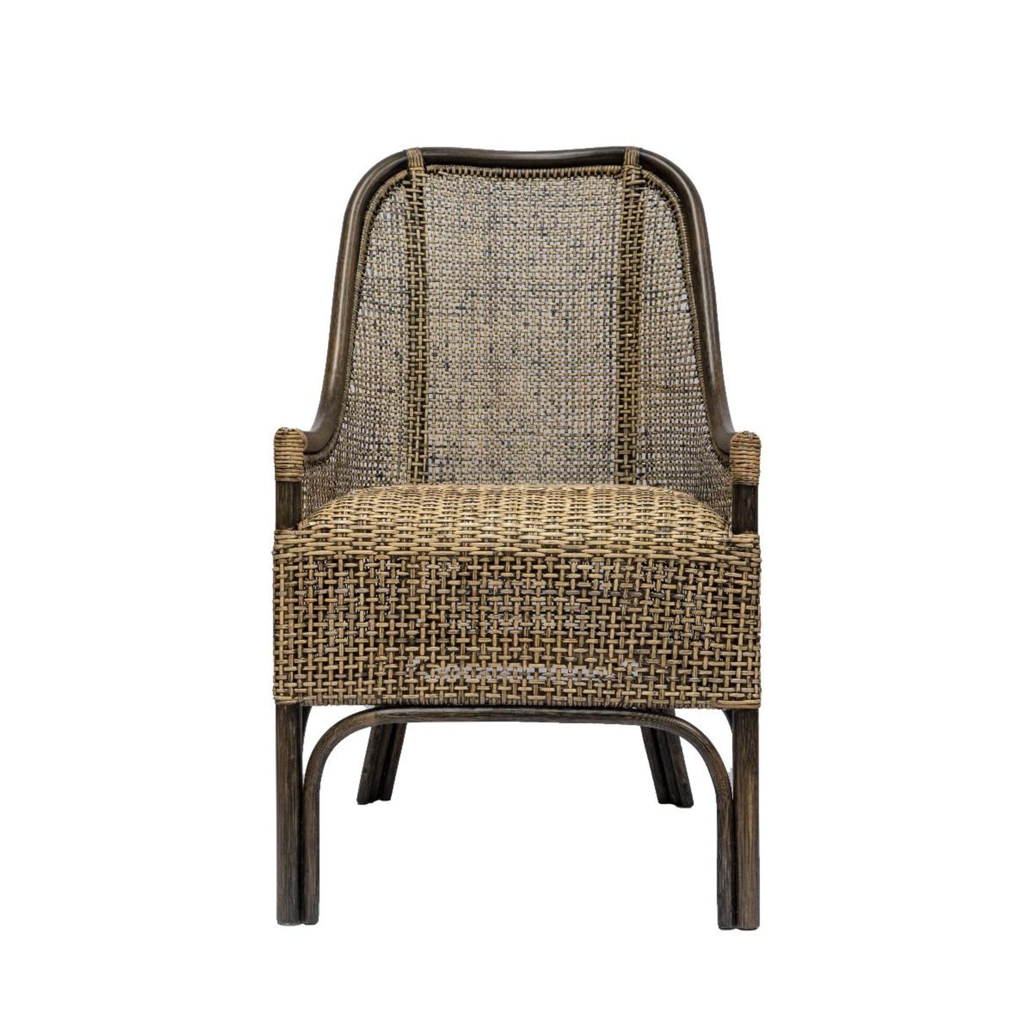 Malibu Hamptons Rattan Dining Chair in Black Shadow, front view on white background - Chocolate Wood