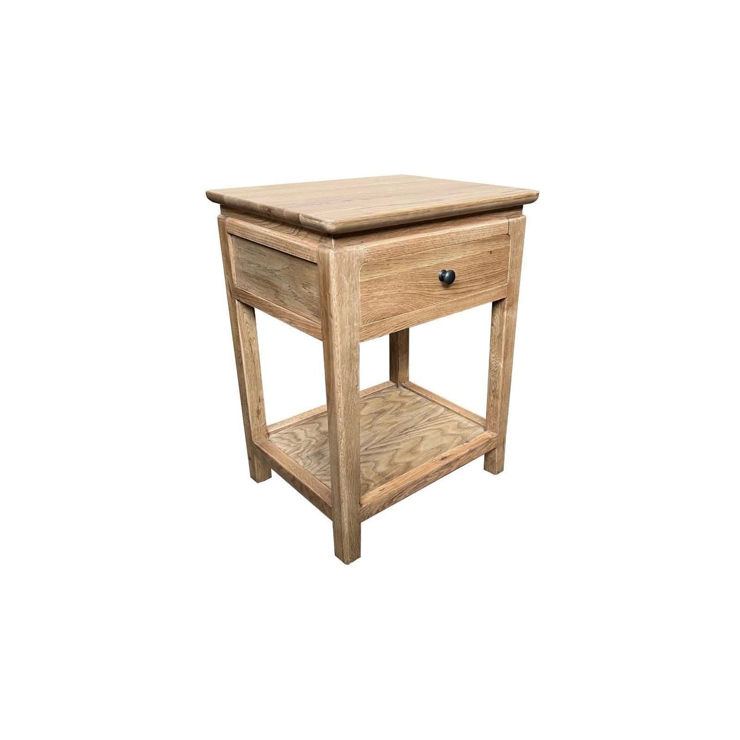 Two Ella solid oak bedside tables with a shelf from MyChocolateWood, featuring natural wood grain and simple, modern design.