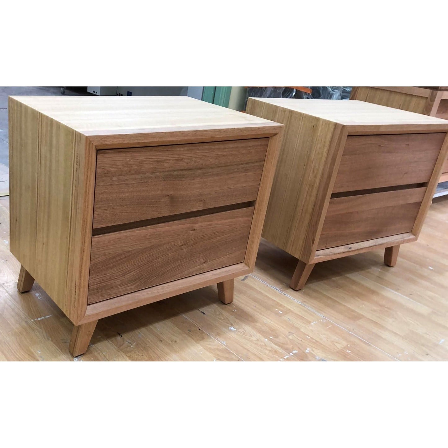 2 X MIRANDA 2 DRAWER BEDSIDE TABLES IN TASSIE OAK CLEAR LACQUER - MyChocolateWood