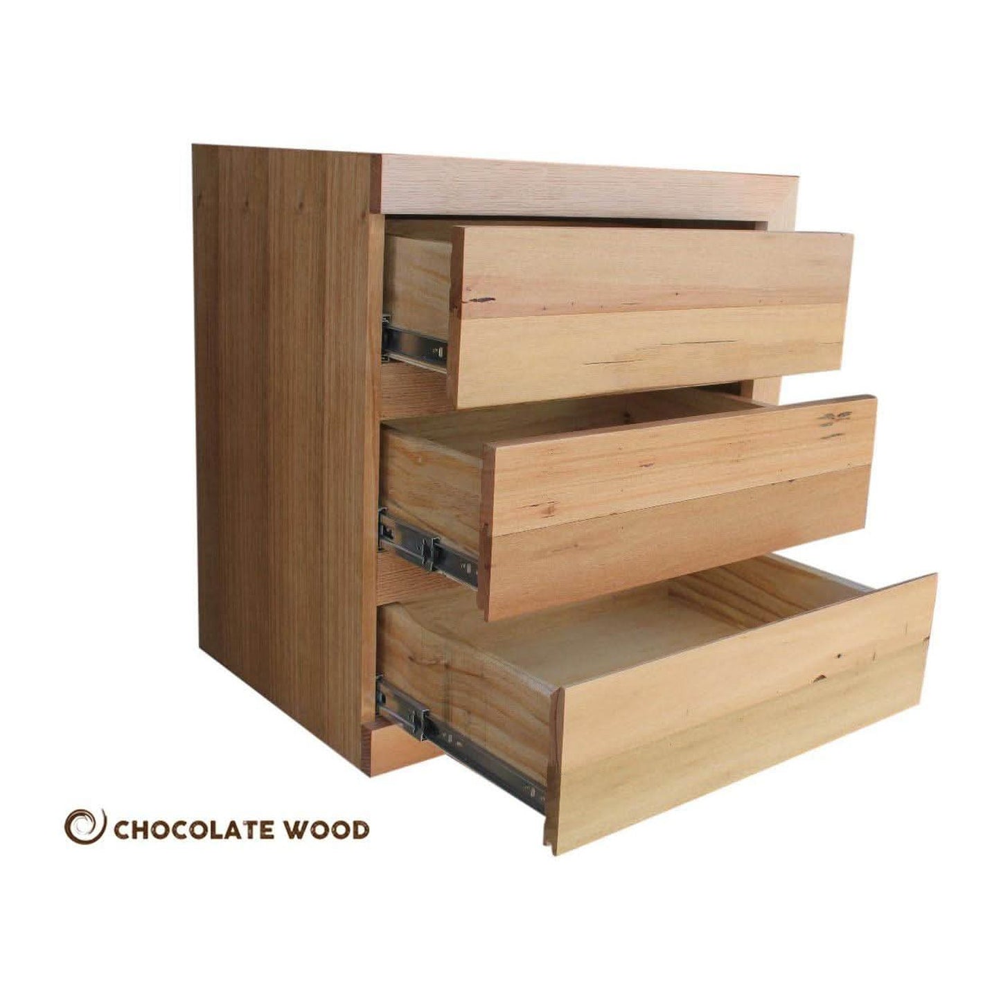 2 X MOOREBANK RECYCLED HARDWOOD 3 DRAWER BEDSIDE TABLES MADE TO ORDER