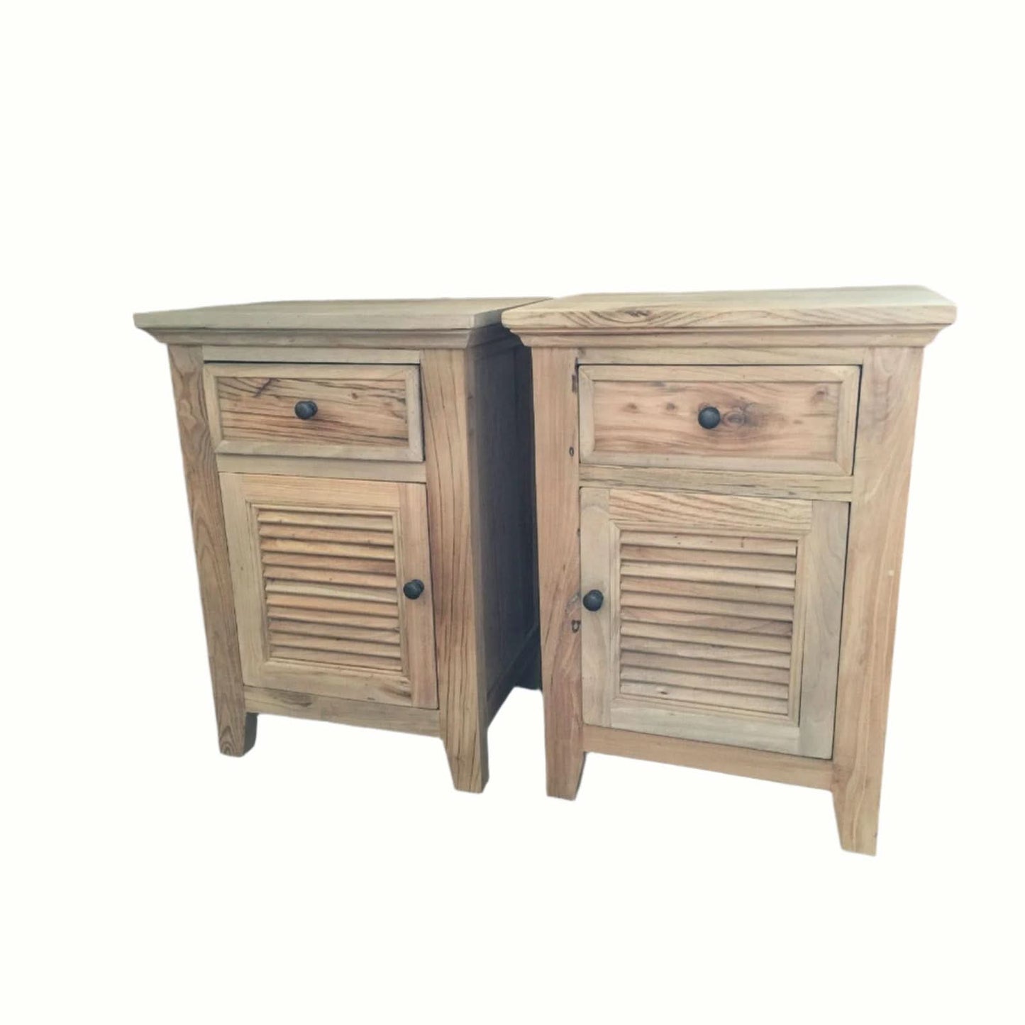 Pair of Villa Rustic Louvre Style Bedside Tables by MyChocolateWood with one drawer and one door in recycled elm wood.