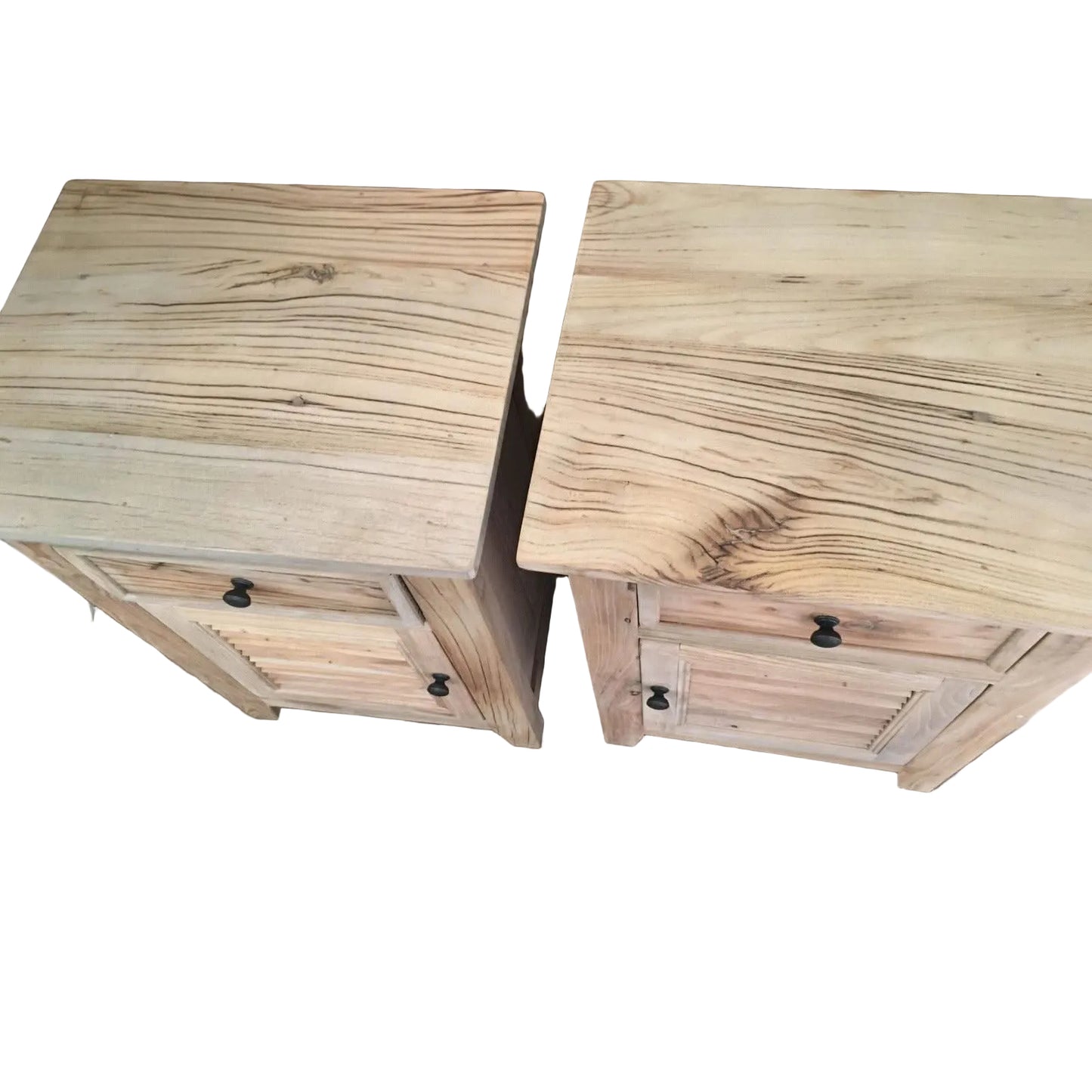 Pair of Villa Rustic Louvre Style Bedside Tables by MyChocolateWood with one drawer and door in recycled elm wood.