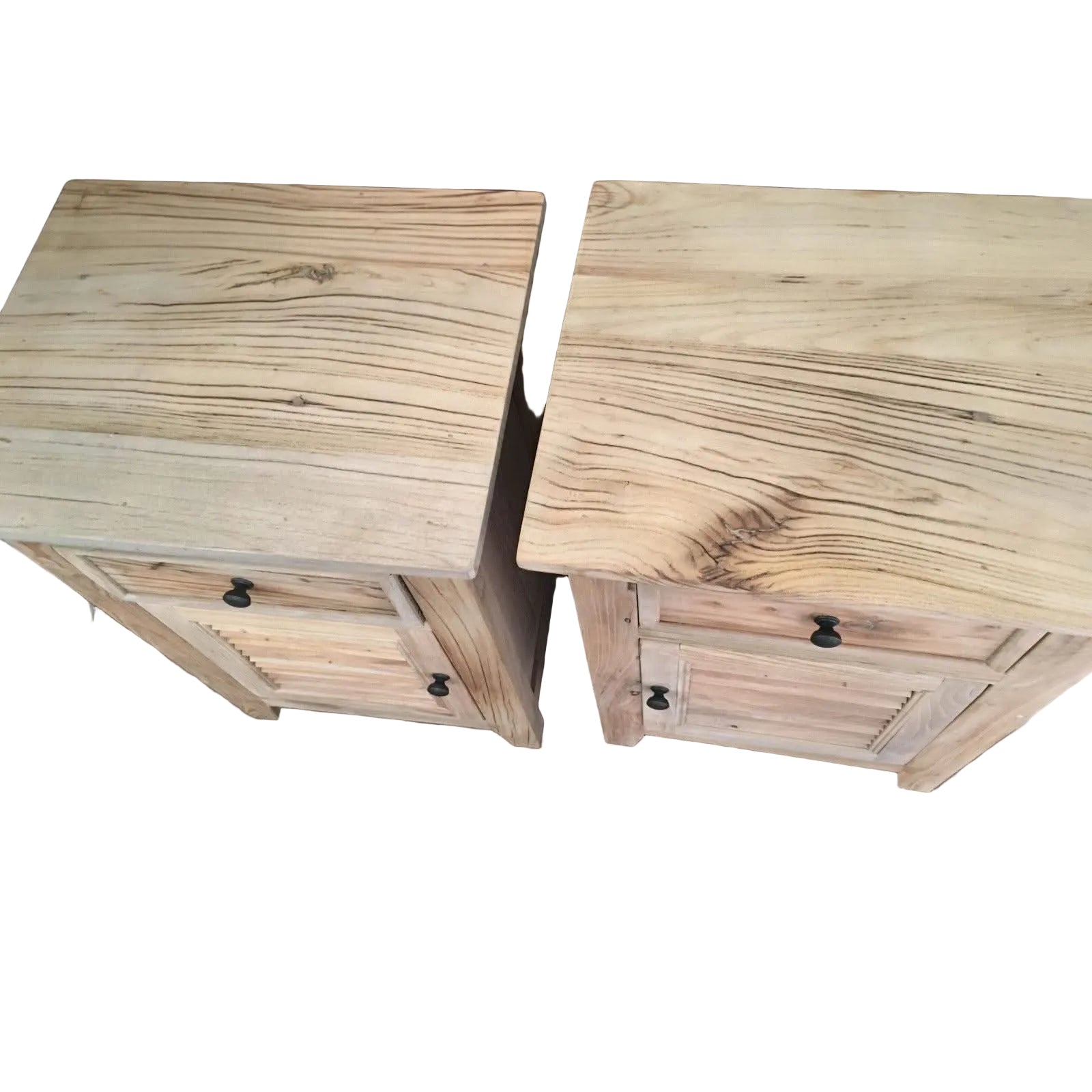 Pair of Villa Rustic Louvre Style Bedside Tables by MyChocolateWood with one drawer and door in recycled elm wood.