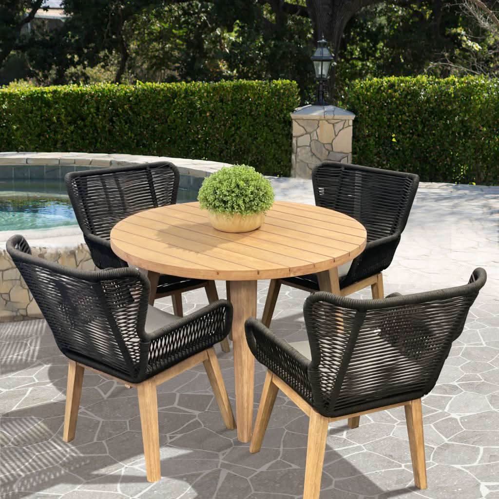 ALANYA 5 PIECE ROUND OUTDOOR DINING SETTING EUCALYPTUS TIMBER BLACK/GREY/NATURAL - MyChocolateWood