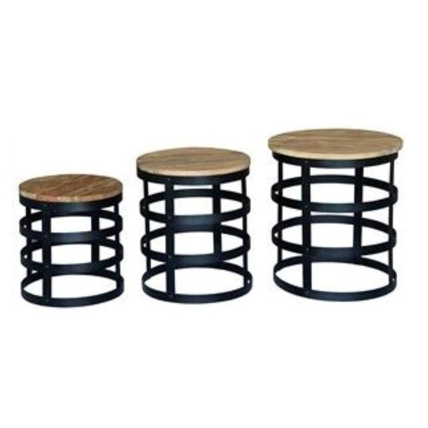 ALBASHA RECYLCED PINE & METAL SET OF 3 SIDE/NEST OF TABLES IN NATURAL/BLACK