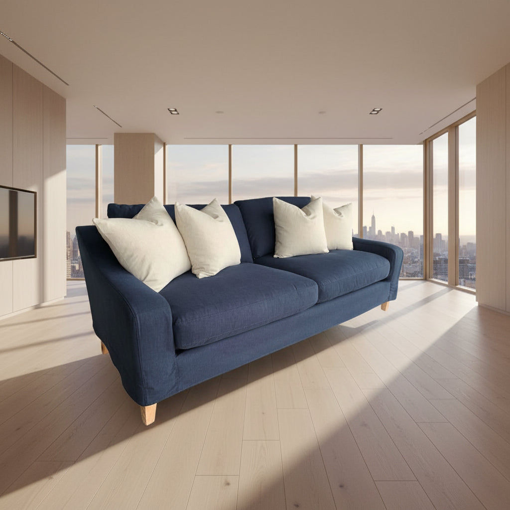 ALBERTO 3-SEATER SOFA SOLID PINE & HARDWOOD FRAME IN NAVY 223CM - MyChocolateWood