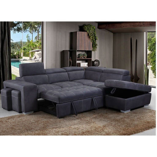 ALBRET FABRIC 2-SEATER SOFA BED + 2 OTTOMANS W/RHF CHARCOAL - MyChocolateWood