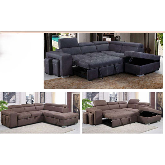 ALBRET FABRIC 2-SEATER SOFA BED + 2 OTTOMANS W/RHF MUSHROOM