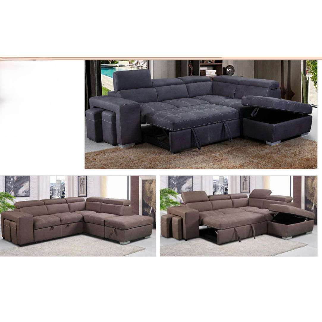 ALBRET FABRIC 2-SEATER SOFA BED + 2 OTTOMANS W/RHF MUSHROOM - MyChocolateWood