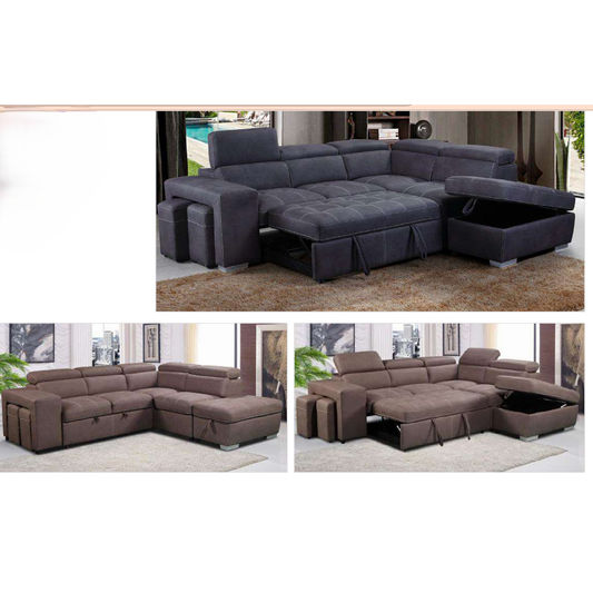 ALBRET FABRIC 2-SEATER SOFA BED + 2 OTTOMANS W/RHF MUSHROOM - MyChocolateWood
