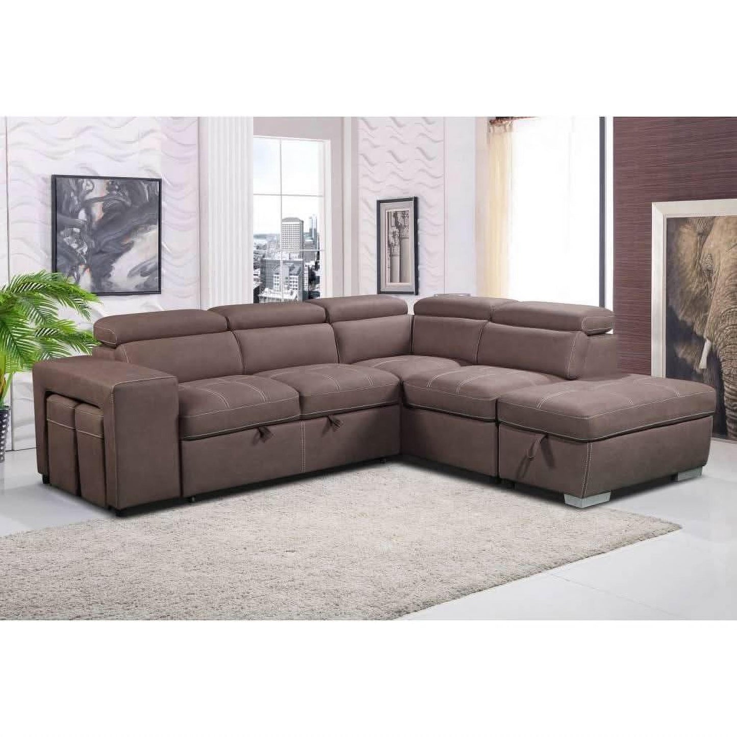 Albret Fabric 2-Seater Sofa Bed + 2 Ottomans in Mushroom - Chocolate Wood