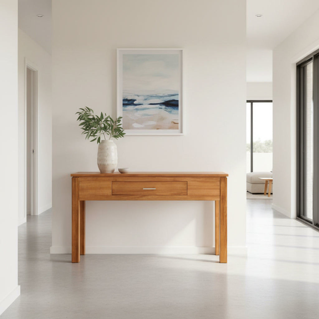 Aldo Blackwood console table by MyChocolateWood with a single drawer, featuring a sleek black finish and modern design for hall or entryway.