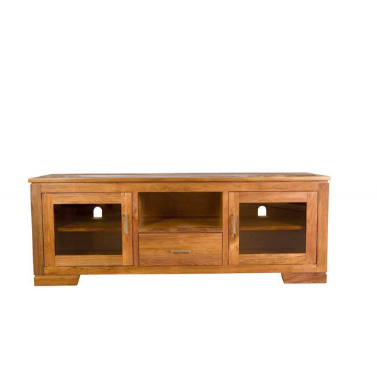 A sleek ALDO Solid Blackwood TV unit with one drawer and two glass doors, featuring modern design and natural wood finish.