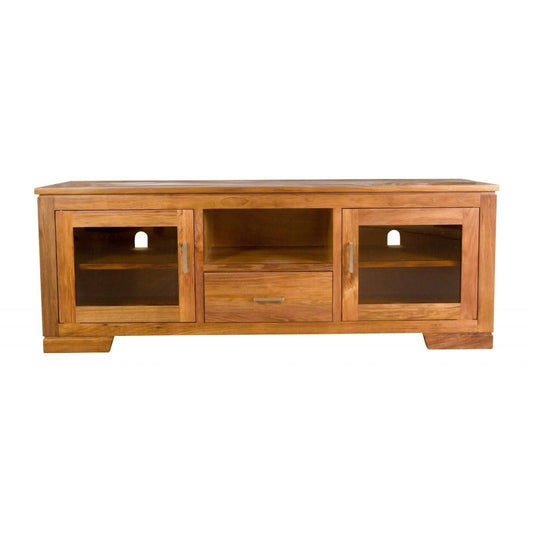 A sleek ALDO Solid Blackwood TV unit with one drawer and two glass doors, featuring modern design and natural wood finish.