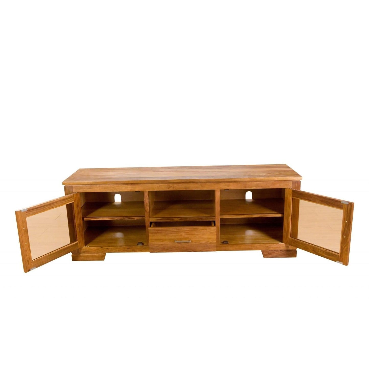 ALDO solid blackwood TV unit by MyChocolateWood with one drawer and two glass doors, showcasing a modern living room setup.
