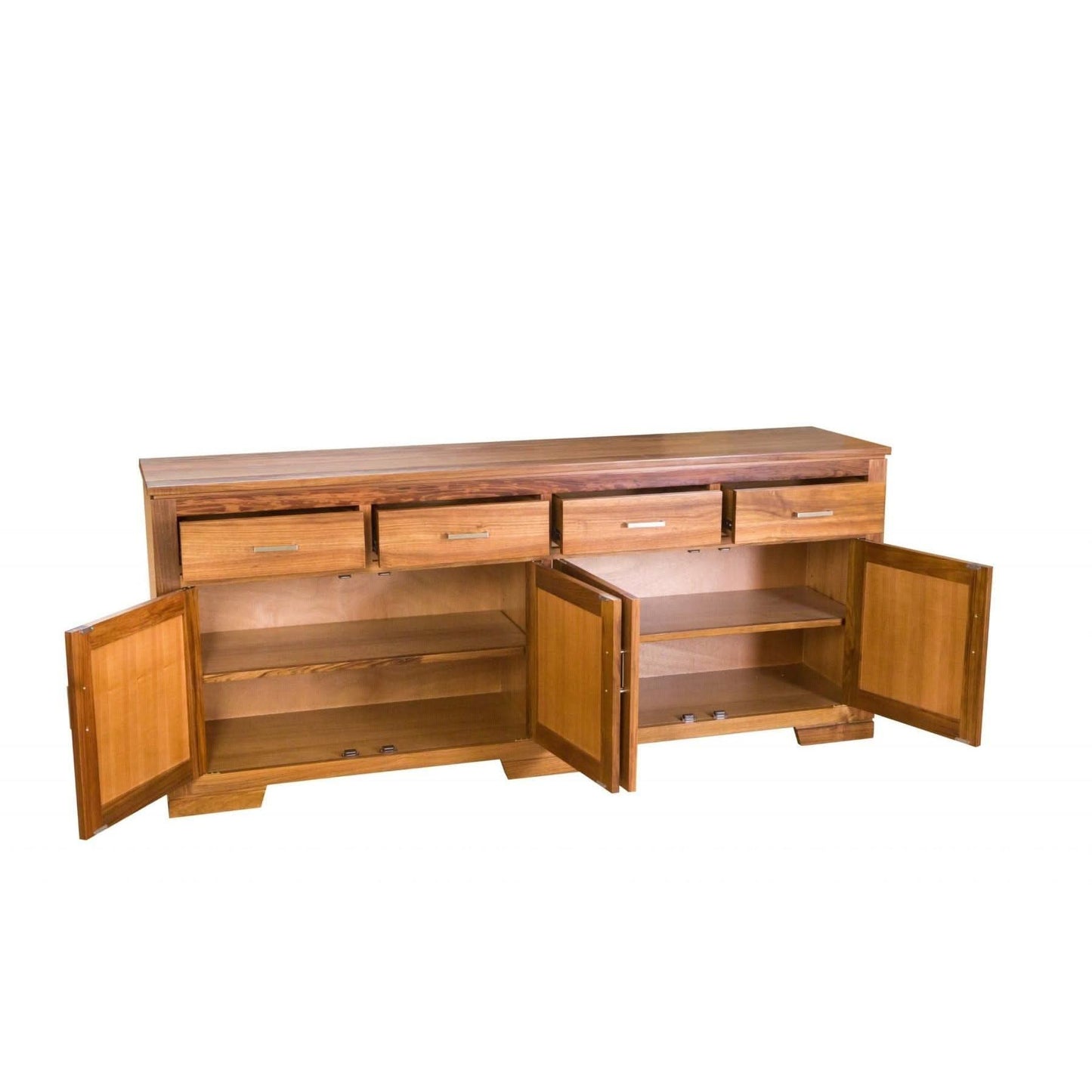 Aldo Tasmanian Blackwood buffet with four doors and four drawers, featuring a sleek dark wood finish and modern design.