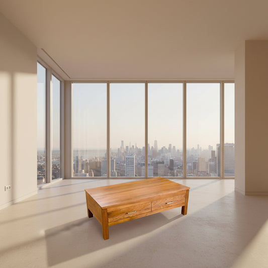 Aldo Tasmanian Blackwood coffee table with two drawers, showcasing sleek dark wood finish and modern design.
