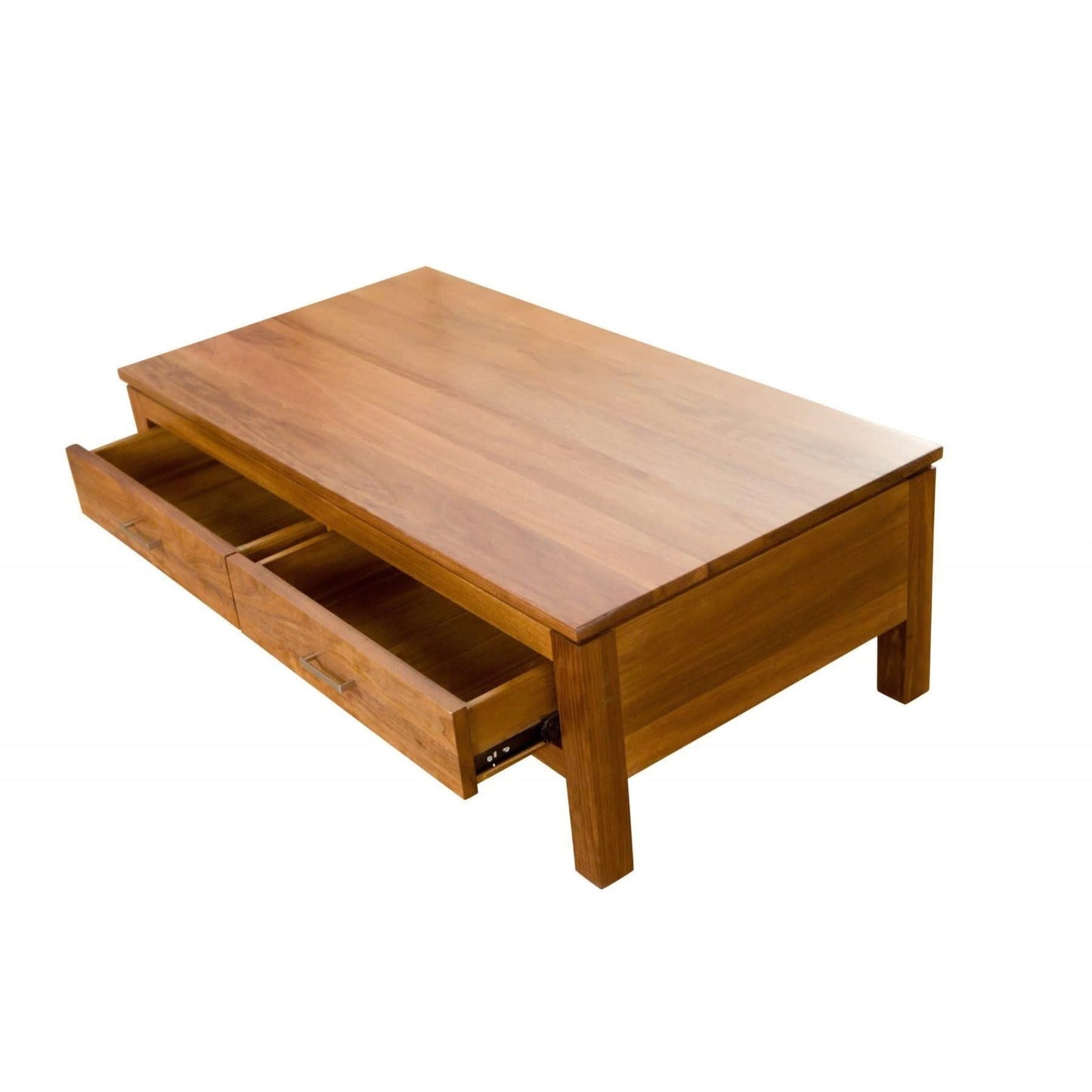 Aldo Tasmanian Blackwood coffee table with two drawers, featuring a sleek wooden design and natural blackwood finish.