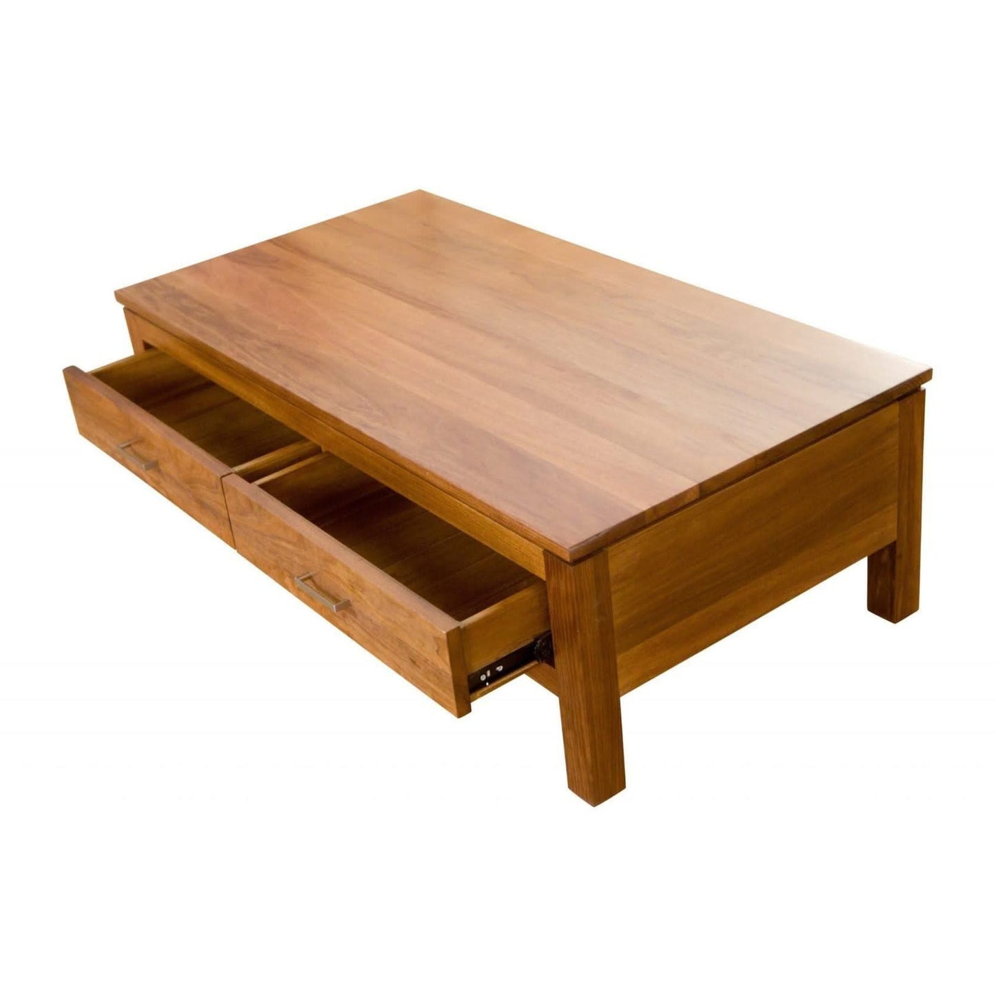 Aldo Tasmanian Blackwood coffee table with two drawers, featuring a sleek wooden design and natural blackwood finish.
