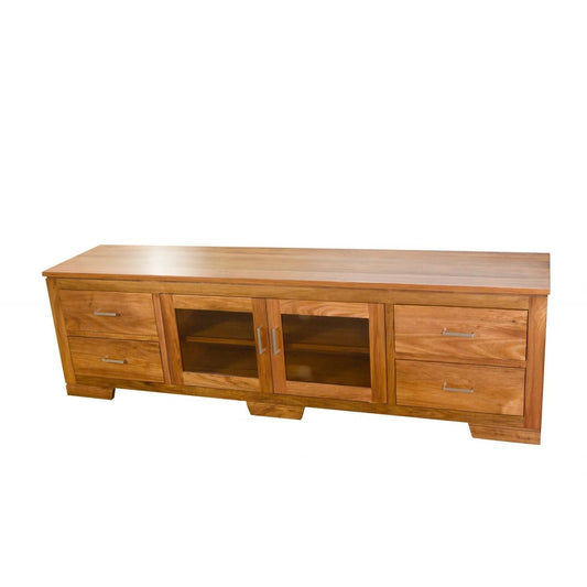 Aldo Tasmanian Blackwood TV/Entertainment Unit by MyChocolateWood with four drawers and two glass doors, showcasing sleek blackwood finish.